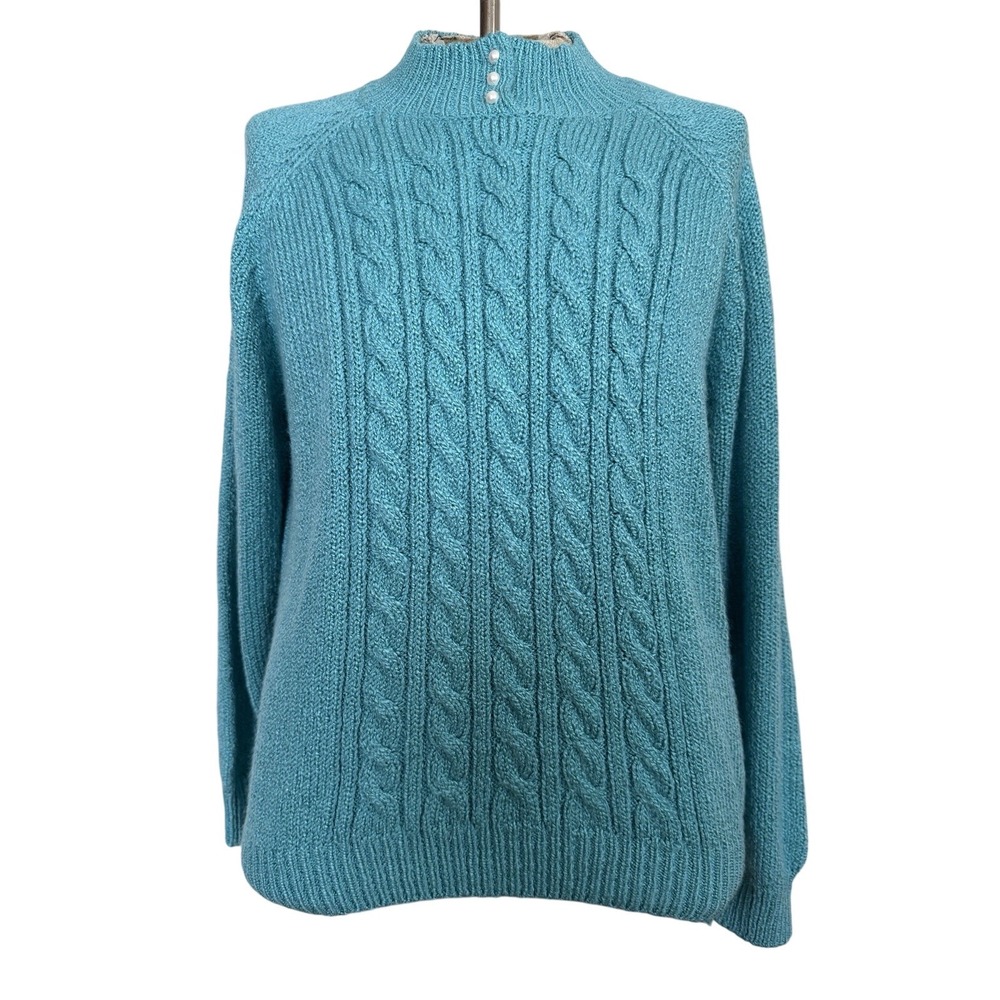 Karen Scott‎ Acrylic Vintage Sweater Teal Mock Neck Pearl Button Girlhood Sz XL